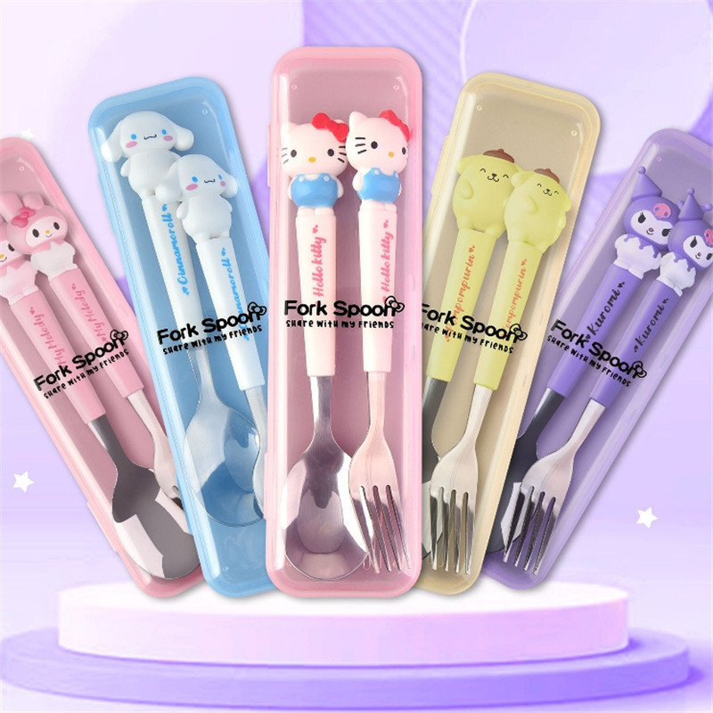 可愛的三麗鷗勺叉 2 件套不銹鋼卡通 Kuromi Cinnamoroll Hello Kitty 兒童餐具廚房用品