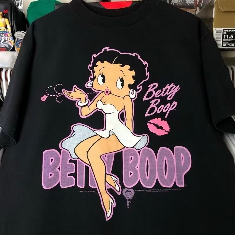 貝蒂娃娃小姐BEEY BOOP與小狗PUDGY圖案印花男士百分百純棉圓領短袖T恤上衣