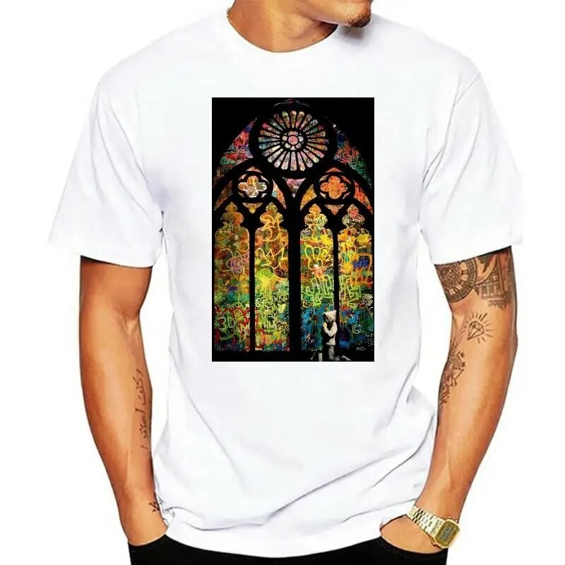 Banksy 彩色玻璃 T 恤 - 教堂窗戶塗鴉 - 尺碼 S 至 3XL