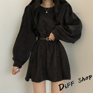 【現貨速發】 【DIFF】韓版復古小個子氣質泡泡袖燈芯絨洋裝 連衣裙 套裝 長袖上衣 女裝 衣服 寬鬆上衣 顯瘦上衣 冬