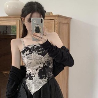 GUGUPLUS 中大尺碼女裝 復古水墨畫不規則吊帶背心 內搭打底上衣 辣妹上衣 細肩帶背心 小可愛 無袖上衣