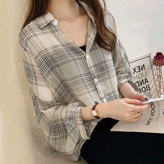 襯衫女2025春季新款韓版雪紡衫薄款防曬衣女外穿小眾格子洋氣上衣 韓系襯衫 長袖襯衫女 修身襯衫 大尺碼襯衫
