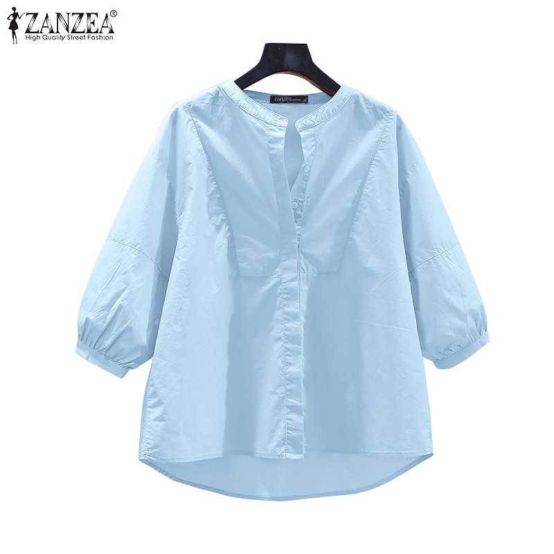 Zanzea 女式韓版休閒簡約圓領 3/4 袖燈籠袖襯衫
