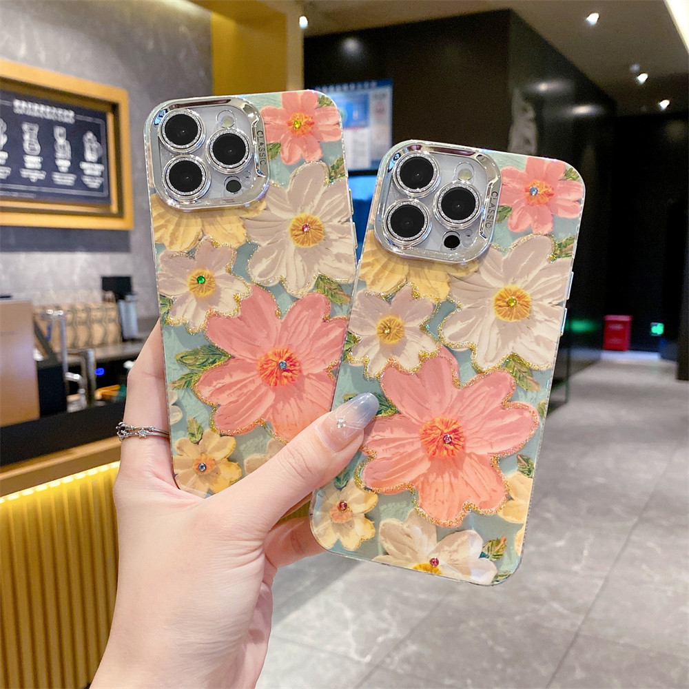 三維漂亮粉色黃色花朵藍光光面手機殼適用於 iPhone 11 14 13 12 15 Pro Max 13Pro 12P