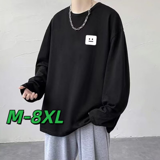 🔥48H出貨 M-8XL 韓版簡約logo長袖上衣男 大尺碼T恤 休閒男裝 顯瘦寬鬆圓領內搭長t 男生衣服 秋季打底衫
