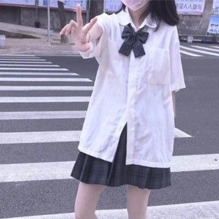 jk制服白色短袖襯衫女學生韓版寬鬆夏季中長款日系襯衫外套女上衣