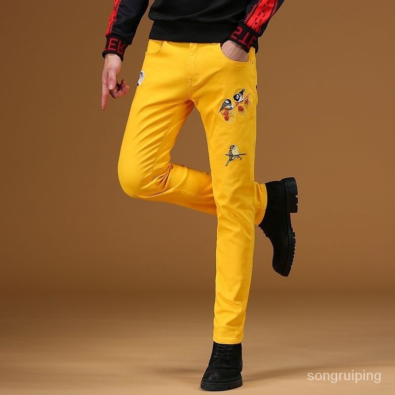 新款黃色刺繡男士牛仔褲四季紅色本命年潮流修身彈力繡花小腳長褲