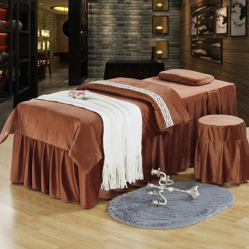 定制尺寸豪華天鵝絨 4 件套床上用品適用於美容院床單按摩水療床裙凳套枕套被套