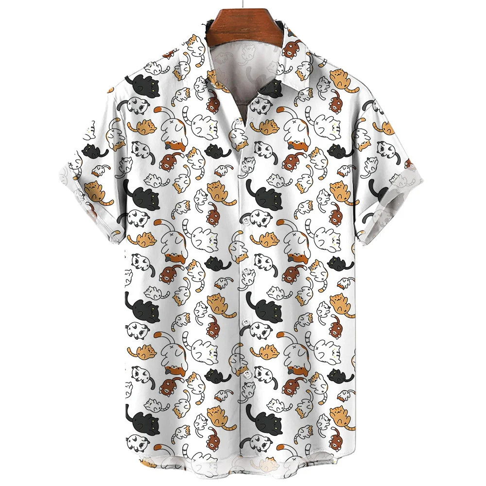 時尚卡通貓翻領襯衫街頭 Y2k 風格 3D 打印短袖帶鈕扣衣服 T 恤上衣