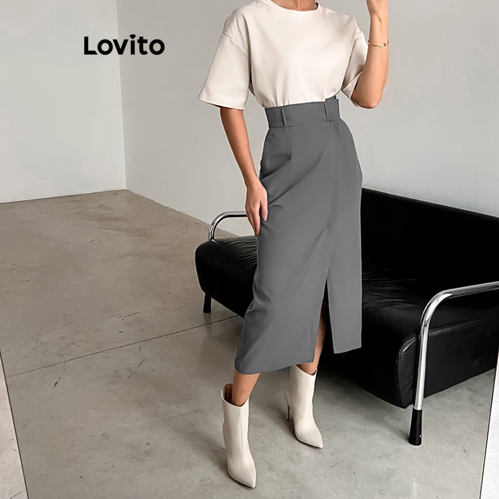 Lovito 大尺碼女款休閒素色開衩短裙 LNL37164 (灰色/黑色)