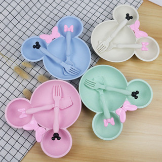 小麥秸稈兒童餐具套裝 可愛兒童餐盤碗勺叉 幼兒園卡通餐具