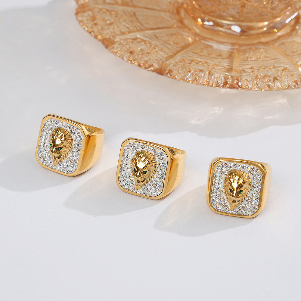 新款 歐美風 動物世界 鈦鋼 鍍金 獅子頭 鑲鑽戒指 時尚 個性 飾品