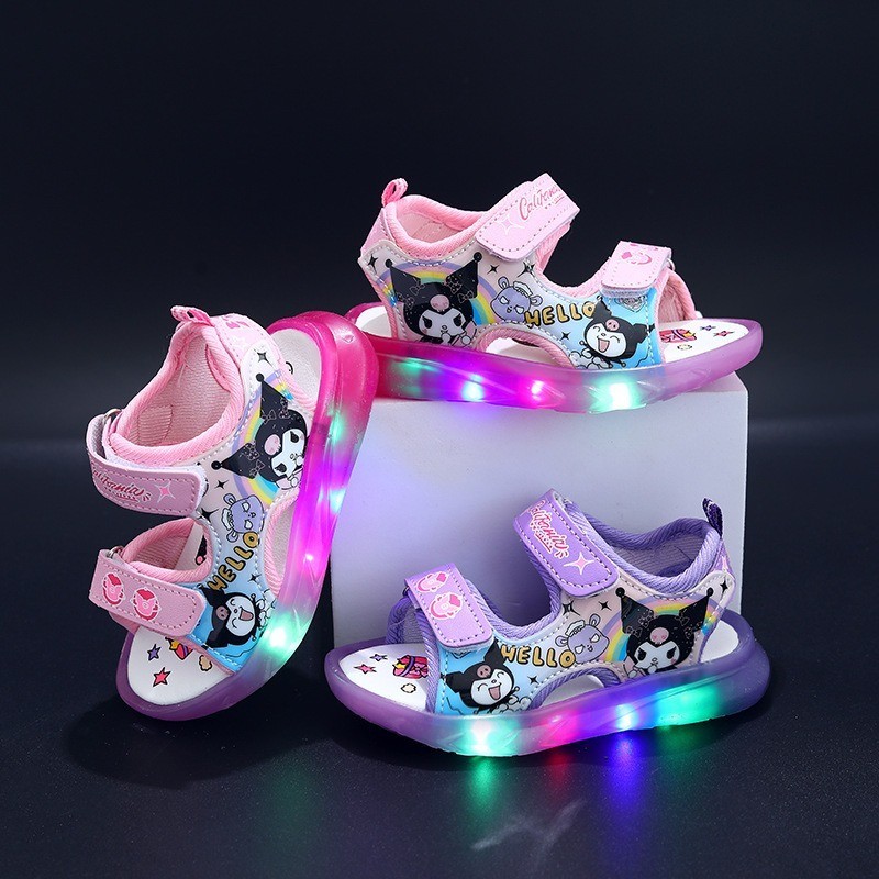 新款卡通 Kuromi 女童涼鞋夏季兒童涼鞋帶 Led 燈鞋發光童鞋粉色紫色