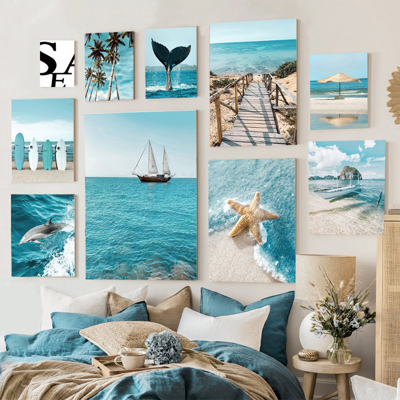 藍色海灘海洋海報木橋海星衝浪板裝飾帆布畫客廳內牆藝術圖片家居裝飾