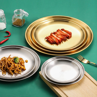 304不銹鋼盤子韓式烤肉盤家用圓盤託盤牛排西餐盤燒烤盤骨碟