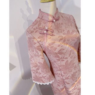 【S-2XL】粉色旗袍 秋裝麂皮絨氣質高級花朵年輕款少女復古倒大袖 長版連身裙 復古連衣裙洋裝