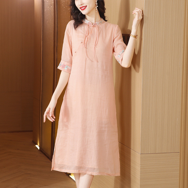 愛爾莎高品質棉麻新中式改良旗袍氣質中長款繡花洋裝