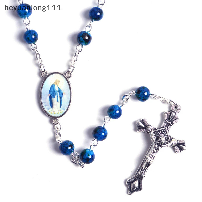 (Heyuanlong111) 天主教念珠小號圓形藍色玻璃珠聖母瑪利亞耶穌項鍊 