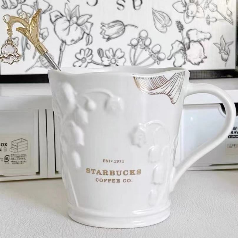 [啾啾家的集物社]Starbucks 水杯 ins風 鈴蘭花朵 攪拌棒 咖啡杯 陶瓷杯 浮雕杯