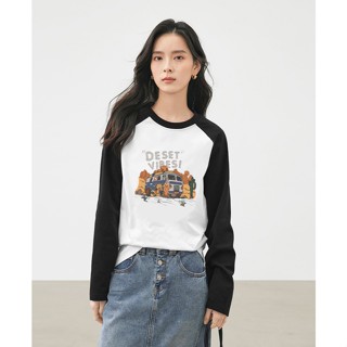 【臺灣出貨】XH 純棉打底衫女 秋季新款黑白撞色插肩袖寬鬆百搭長袖T恤 印花T恤 大碼上衣 4BKS