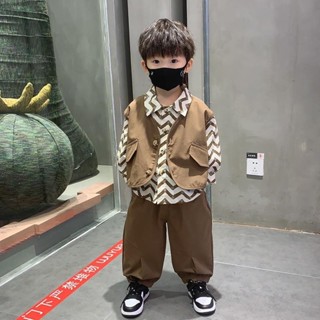 男童秋裝套裝新款洋氣寶寶秋季衣服兒童韓系酷帥襯衫馬甲三件式