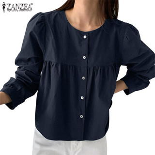 Zanzea 女式韓版時尚泡泡袖圓領純色襯衫