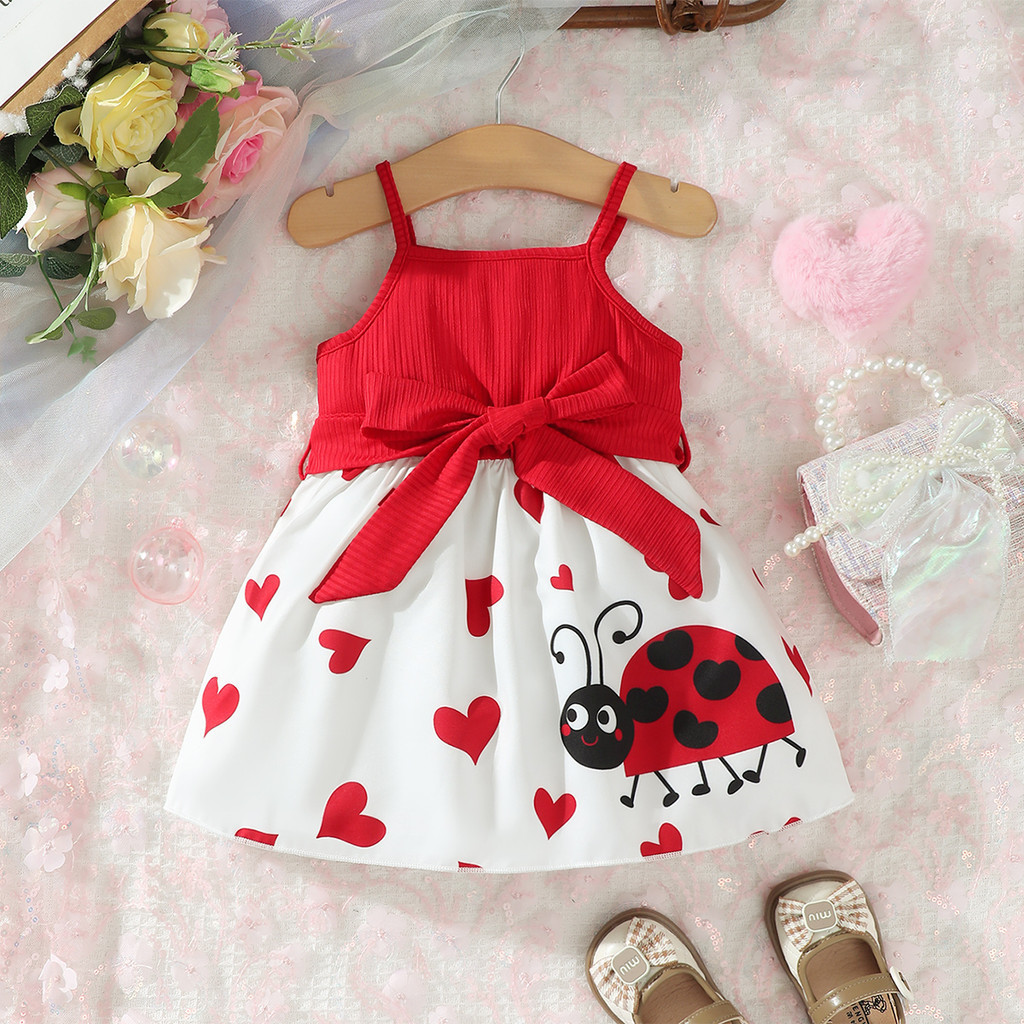連衣裙兒童女孩 0-3 歲兒童女孩紅色無袖吊帶蝴蝶結腰帶卡通愛心瓢蟲連衣裙時尚幼兒嬰兒服裝休閒裝