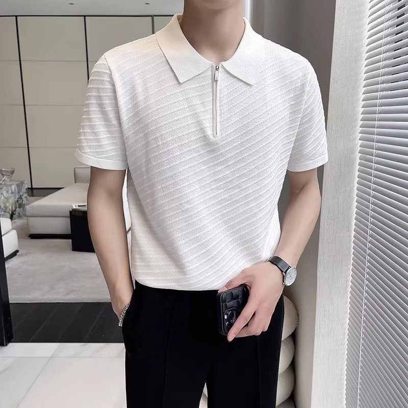 韓版短袖POLO  M-3XL 冰絲針織短袖 男裝Polo衫薄款 緊身素色休閒上衣 夏季青年體恤