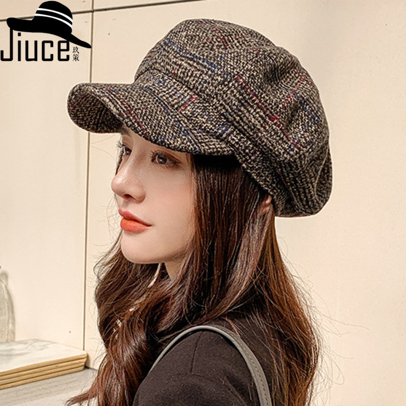 韓國加厚格子毛呢八角帽女韓版時尚休閒貝雷帽護耳保暖英倫畫家帽