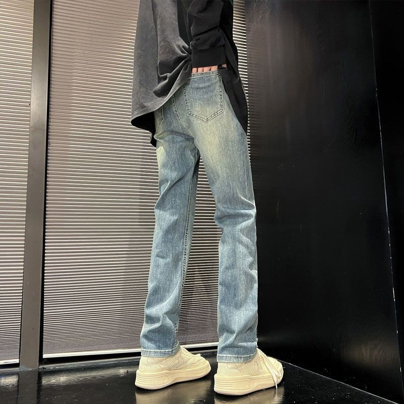 新品熱賣  美式復古牛仔褲 男款窄版直筒顯瘦vibe風褲子 高街緊身窄管褲 煙管褲