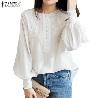 Zanzea 女式韓版圓領長袖條紋寬鬆純色襯衫