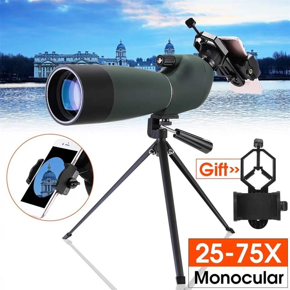 觀鳥單筒望遠鏡 25-75X70 變焦 BAK4 望遠鏡防水瞄準鏡雙筒望遠鏡帶三腳架手機支架狩獵光學