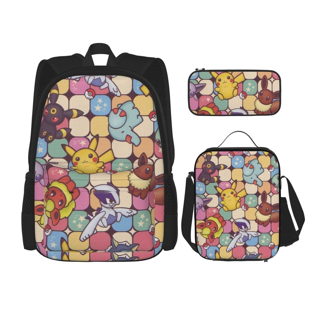 精靈寶可夢 神奇寶貝中心書包+筆袋+午餐袋組合3合1組合時尚雙肩包