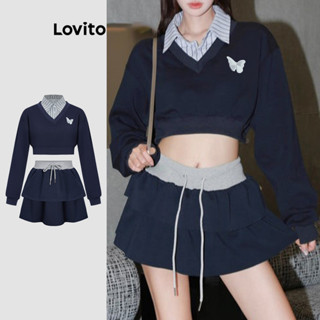 Lovito 休閒拼布假 2 合 1 蝴蝶荷葉邊下擺女套裝 L117Ad210