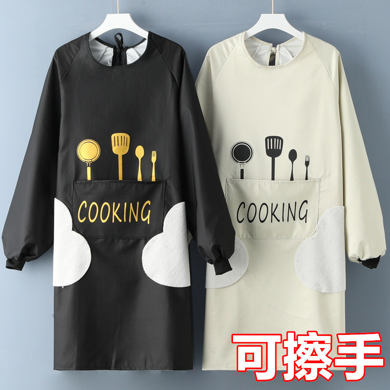 長袖家用廚房防水圍裙男女上班加大工作服日式做飯罩衣成大人印製