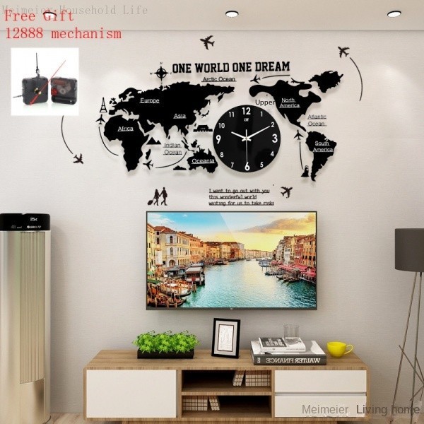 世界創意  歐式家居亞克力掛鐘 客廳裝飾地圖鐘錶時鐘