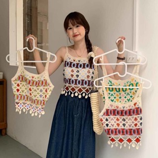 夏季新款韓國拼色鏤空鉤針針織吊帶背心女式上衣