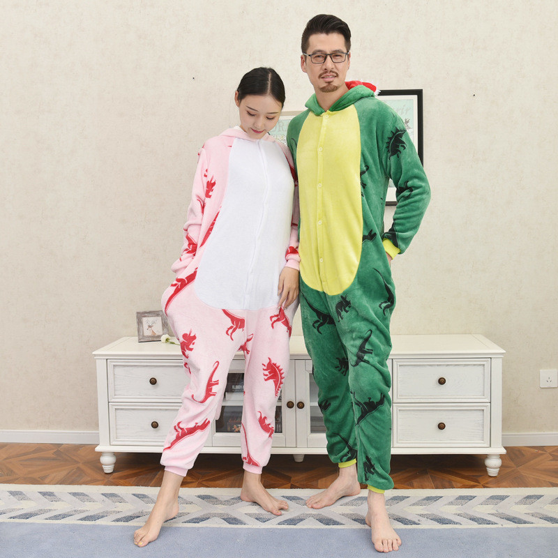 RUWR 卡通連身情侶睡衣恐龍 法蘭絨情侶浴袍春新款連身家居服大尺碼睡衣