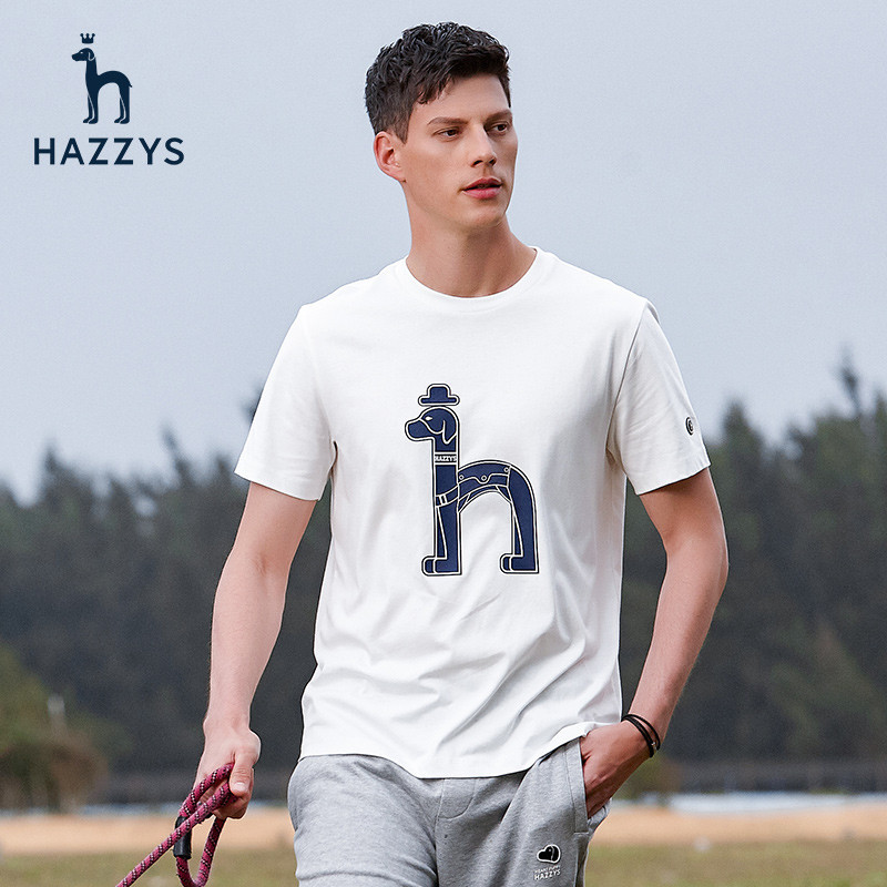哈吉斯hazzys夏季男士圓領短袖T恤衫舒適寬鬆簡約男裝上衣潮306