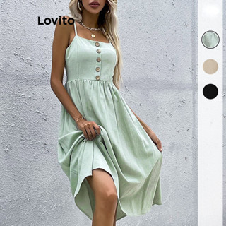 Lovito 女款休閒素色羈扣洋裝 LNL35065 (杏色/薄荷綠/黑色)