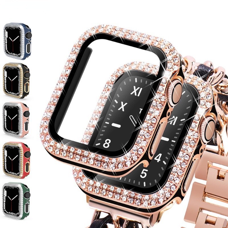 雙鑽鋼化膜保護殼 適用apple watch S9 8 7 6 SE防摔保護殼  雙鑽一件式錶殼 全包殼