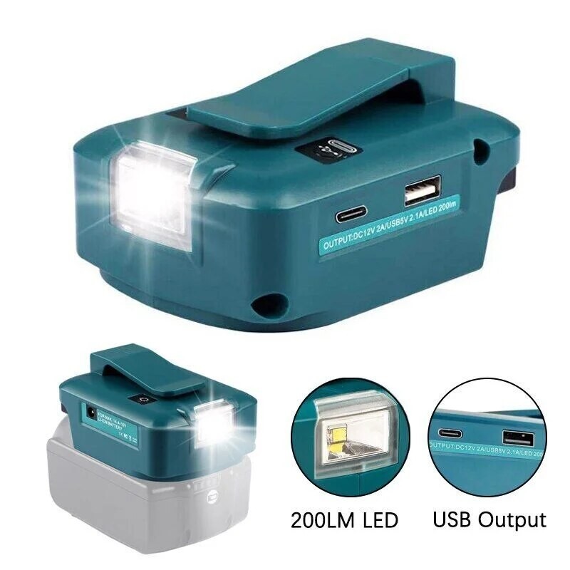 適用於Makita 14.4V/18V鋰離子電池BL1830工作燈轉接器Type-C雙USB轉換器，帶LED燈手電筒