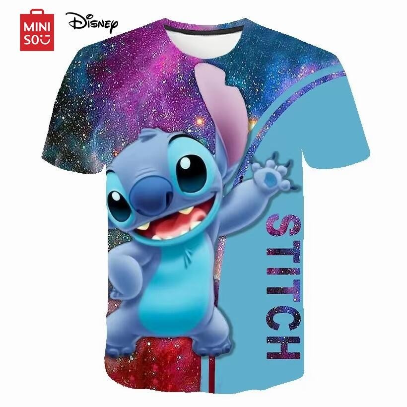 迪士尼 MINISO 名創優品 Disney Stitch T 恤卡通動漫 3D 打印街頭服飾男士女士時尚 T 恤兒童男