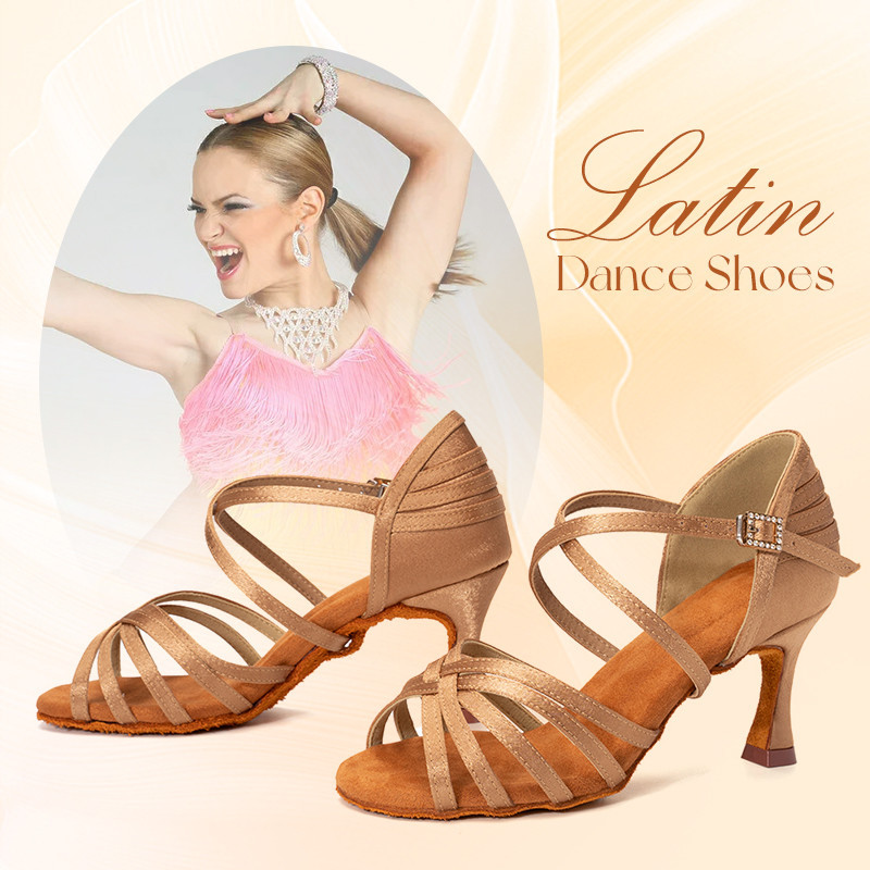 拉丁舞鞋女國標表演舞鞋7cm緞面軟底舞廳舞鞋