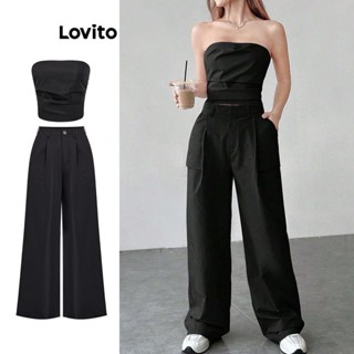 Lovito 女士休閒素色褶襉口袋褲套裝 L80ED396