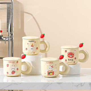 ⭐陶瓷杯 水杯 牛奶杯 送勺子 可愛卡通草莓熊 兒童家用 馬克杯 小熊茶杯