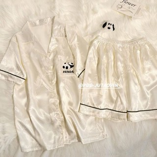 UVWB 新款ins冰絲睡衣女夏季套裝可愛熊貓短袖高級感絲綢家居服可外穿