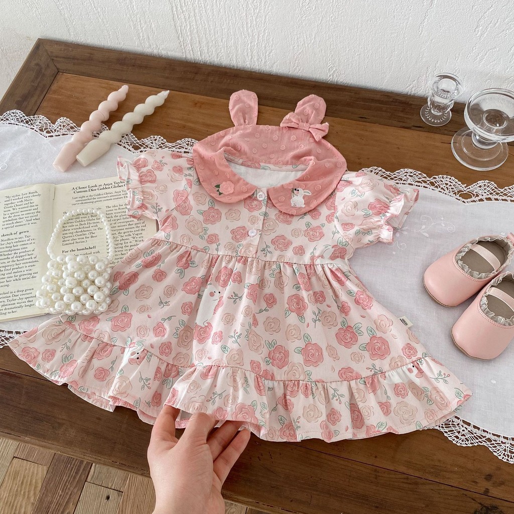 ✨HIKIDS✨女童花朵韓系洋裝 0-5歲女寶寶可愛小兔公主裙 週歲禮服 嬰兒裙子