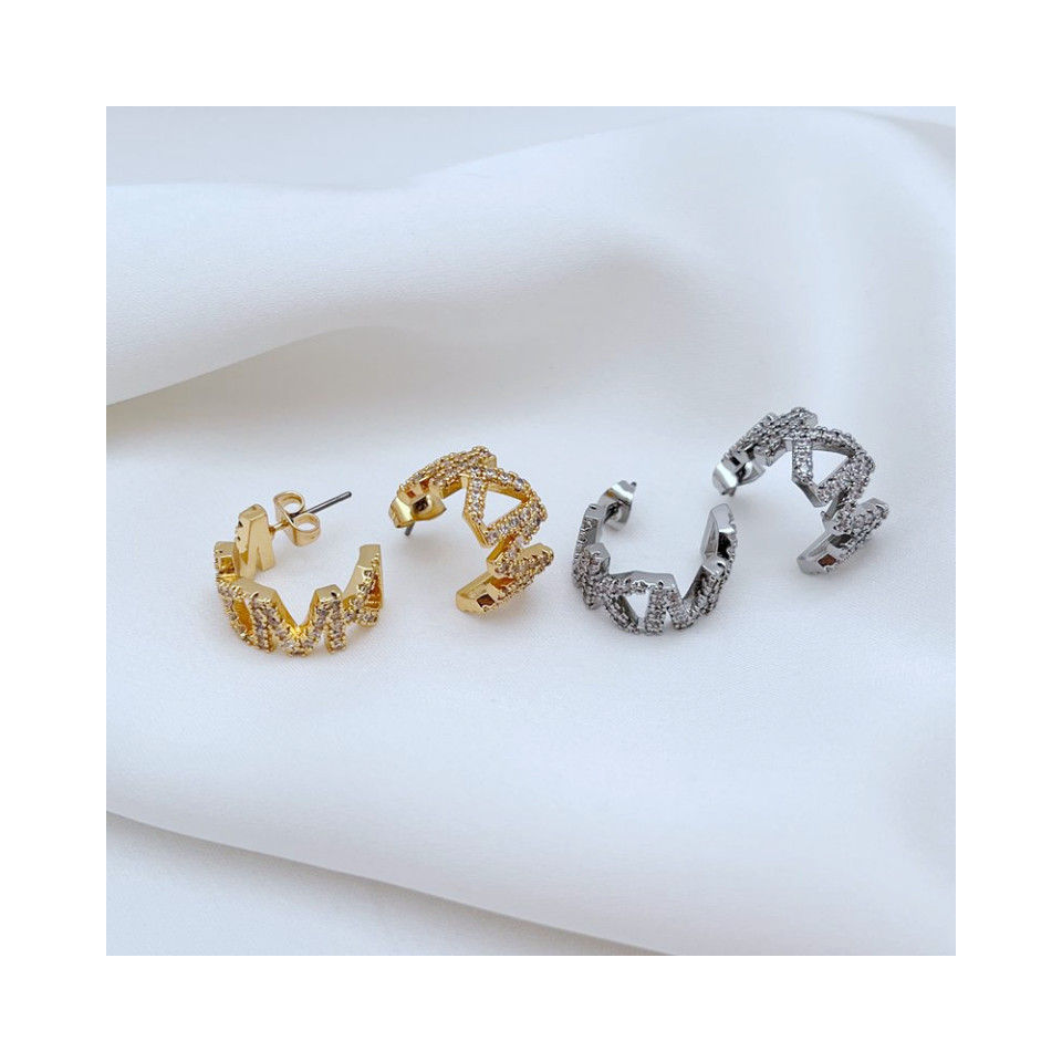 新款英文字母MK耳環時尚輕奢網紅超閃鋯石鑲嵌造型拼接精美金屬耳環BTF飾品