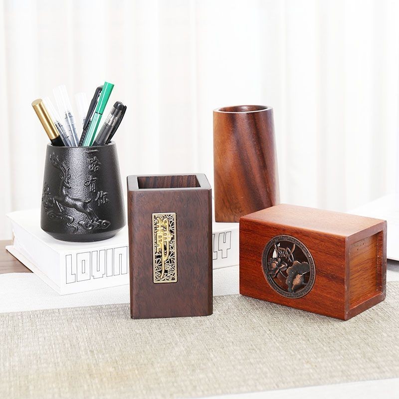 黑檀木筆筒胡桃木創意實木收納盒辦公室桌面筆筒陶瓷高級感輕奢